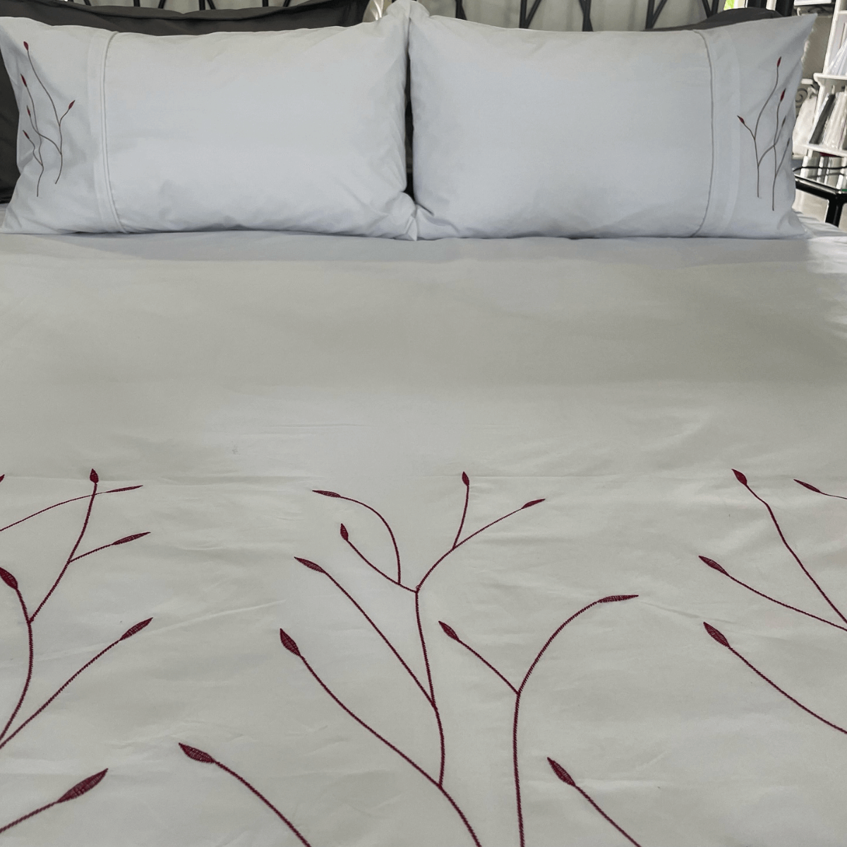 Duvet Cover • Embroidered • Burgundy Twig • 200T • 100% Cotton Percale • White